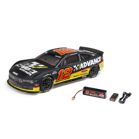 Losi 1/12 NASCAR RC Racecar Ryan Blaney No. 12 2025 Advance Auto Ford Mustang 2S AWD RTR Brushed On-Road (Battery & Charger included, Black